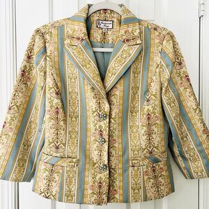 Vintage Fundamental Things Gold & Blue Jacquard Evening Brocade Blazer Size 10
